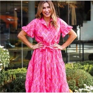 J.Marie Ella Ann Pink Button up midi tiered ruffle short sleeve dress size S